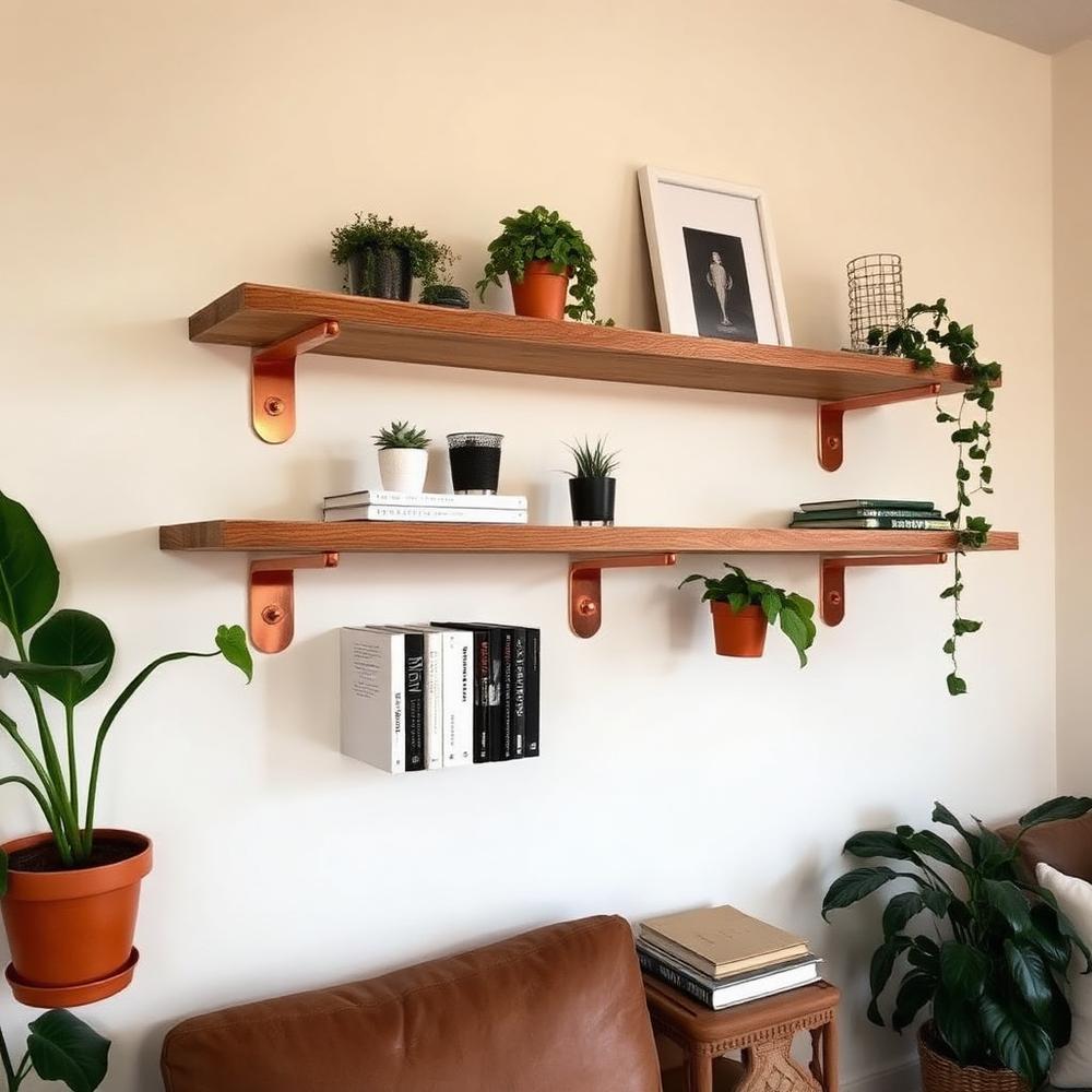 Oak Floating Shelves with Copper Brackets