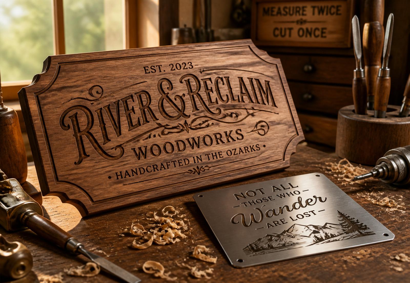 Custom engraved wood sign and laser-engraved metal plaque on a workbench